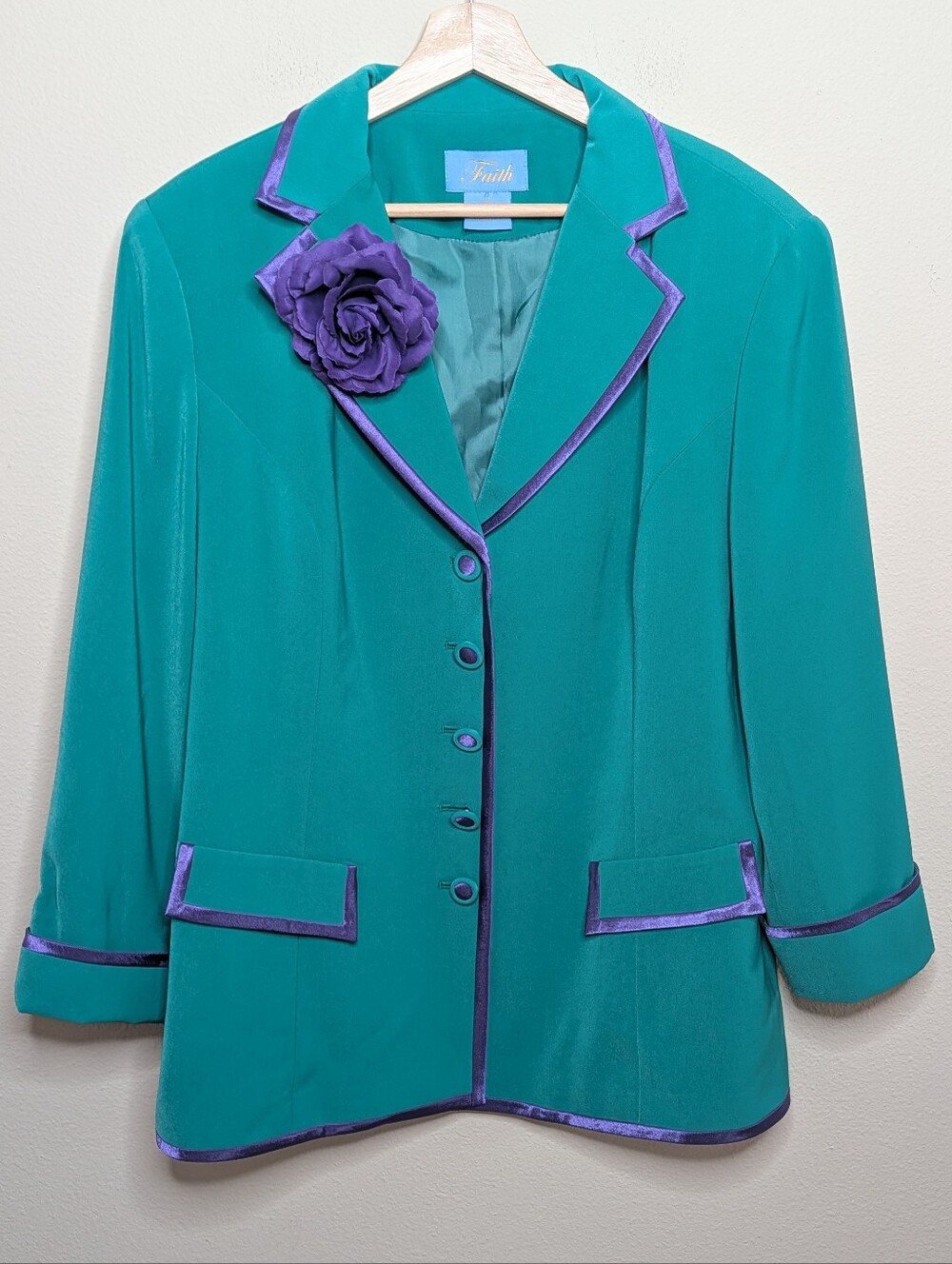 Faith Vintage Emerald Green Blazer Purple Velvet Trim Size 18 with Rose Pin‎
